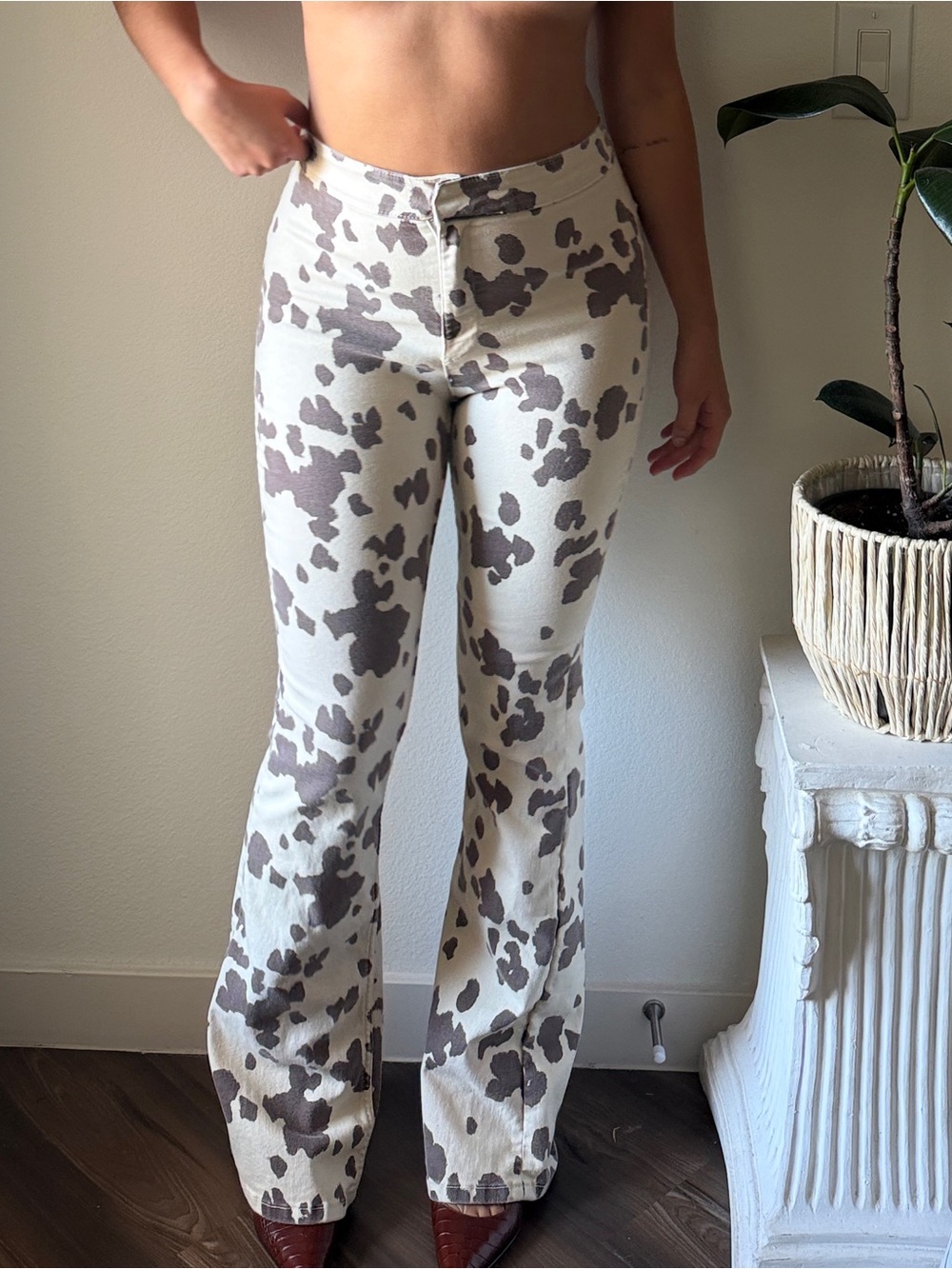Zara High-Rise Cow Print Flared Pants - Cream & Brown